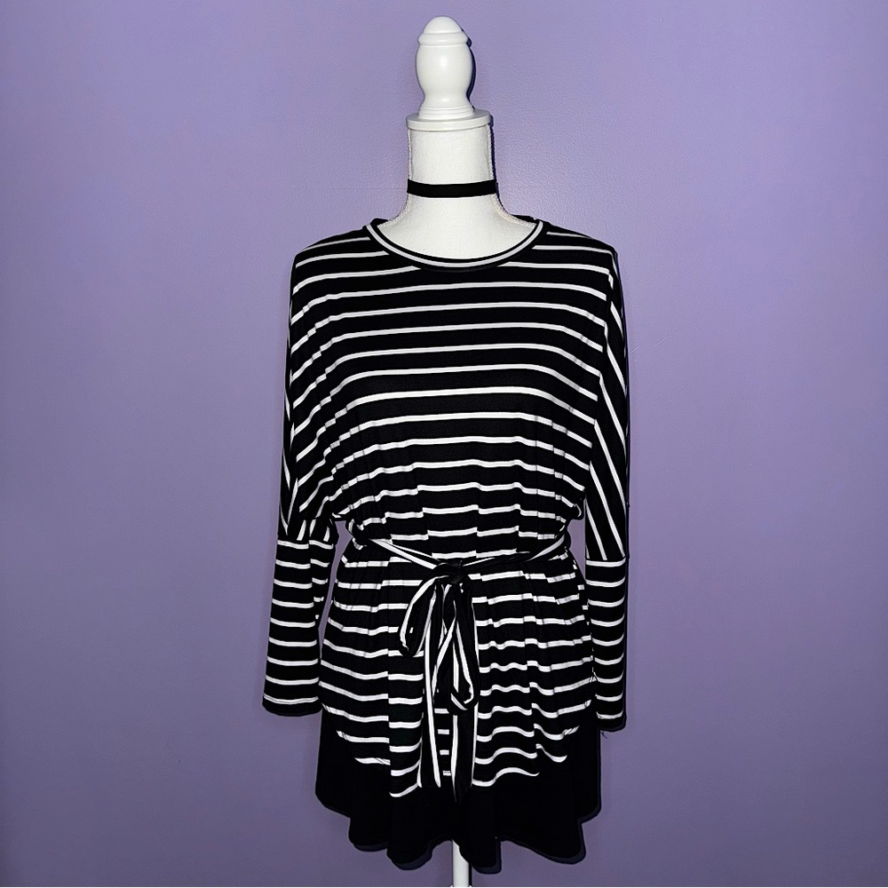 NEW Boutique Black and White Striped Belted Top